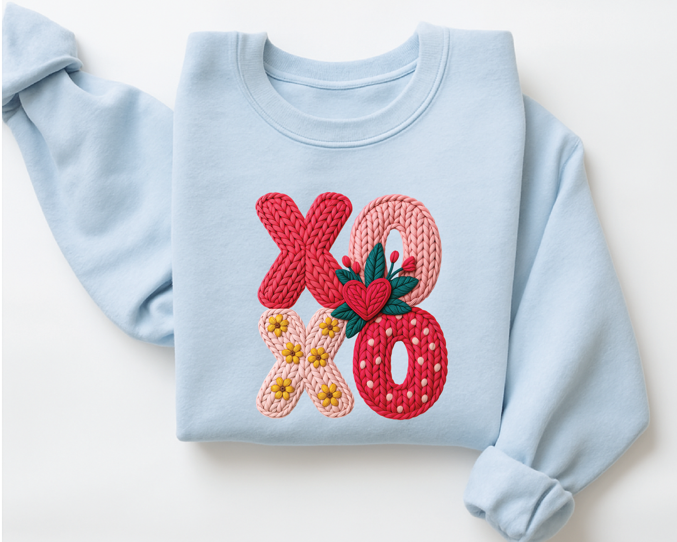 Floral XOXO Sweatshirt - Faux Embroidery Knit Look Valentine's Crewneck - vl21