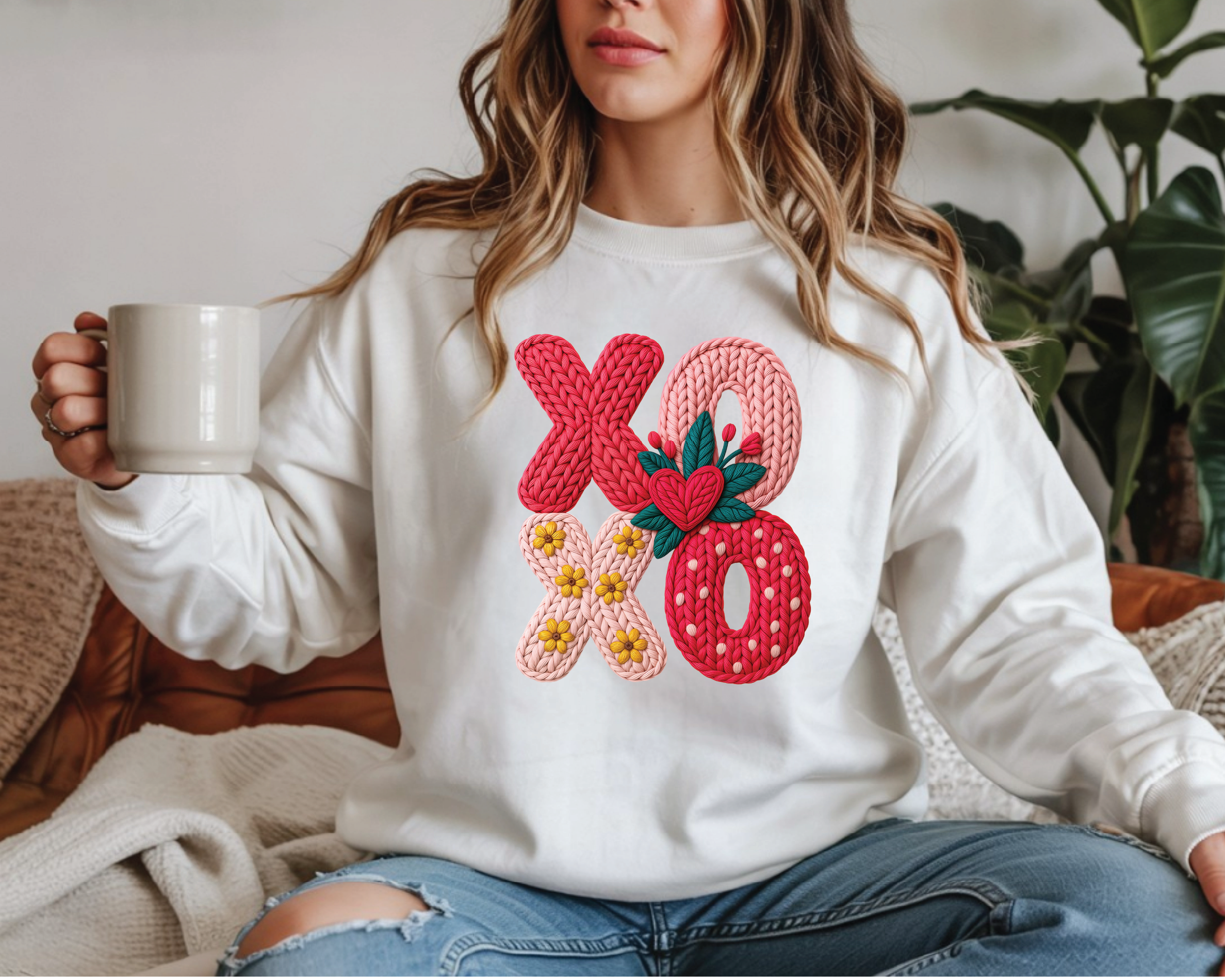 Floral XOXO Sweatshirt - Faux Embroidery Knit Look Valentine's Crewneck - vl21
