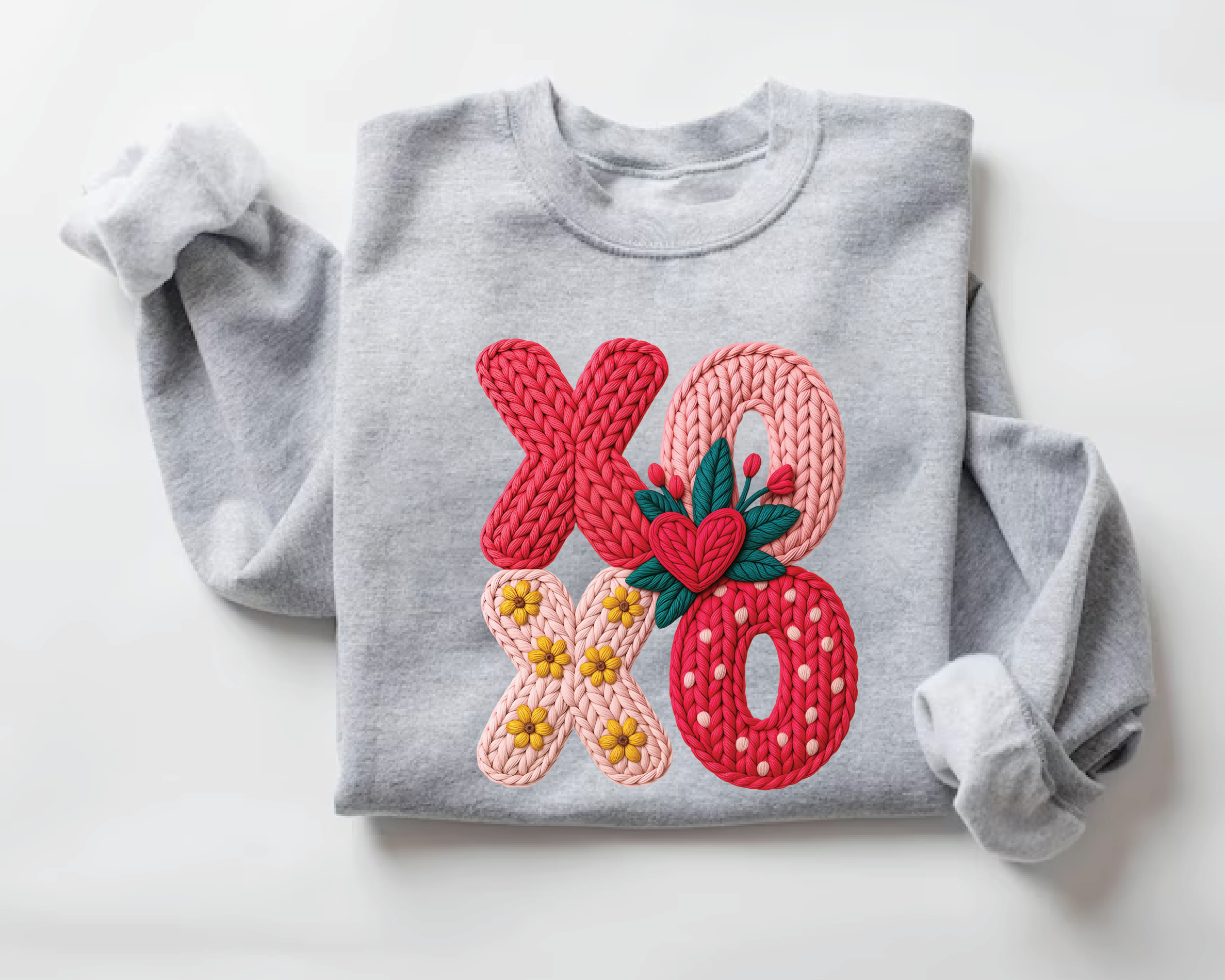 Floral XOXO Sweatshirt - Faux Embroidery Knit Look Valentine's Crewneck - vl21
