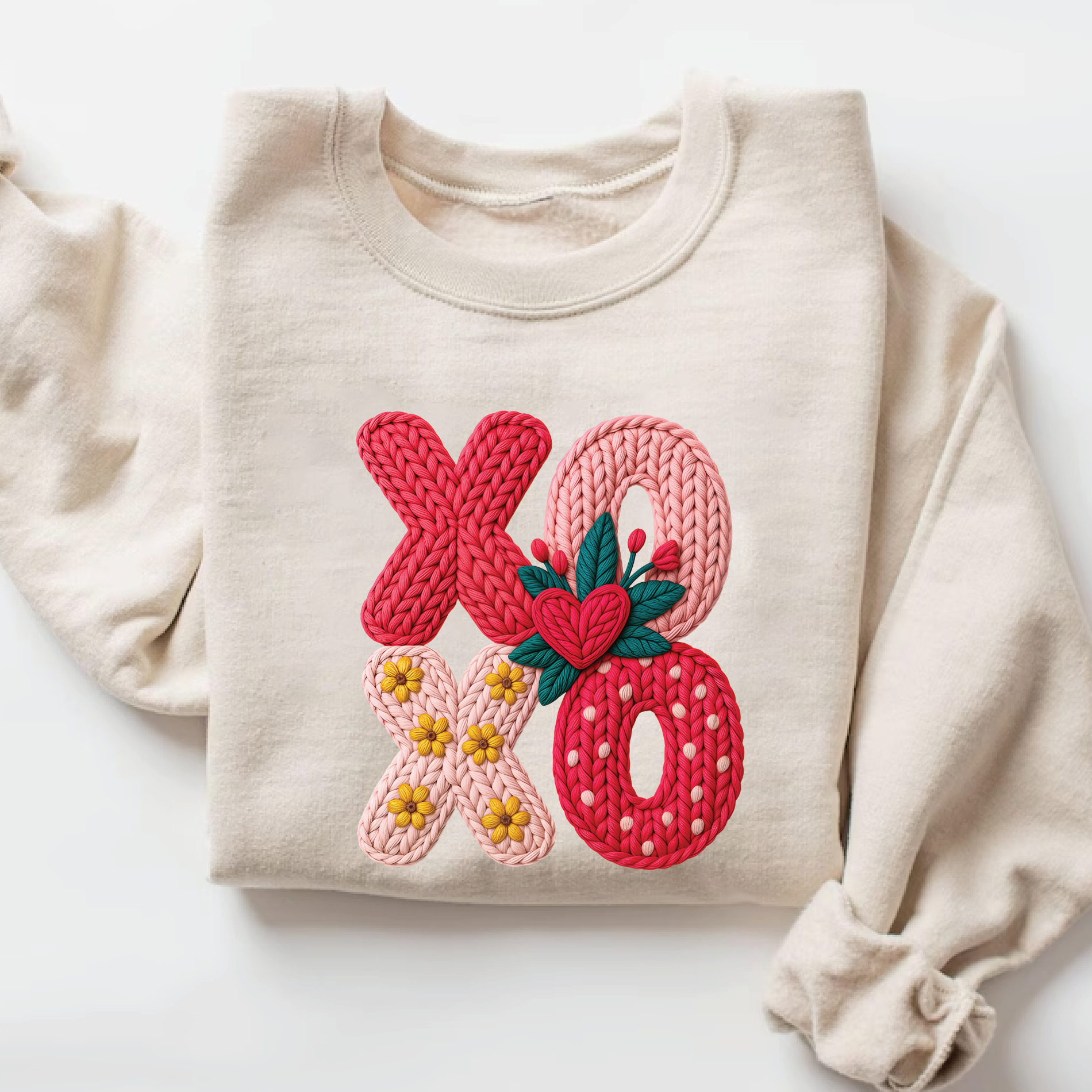 Floral XOXO Sweatshirt - Faux Embroidery Knit Look Valentine's Crewneck - vl21