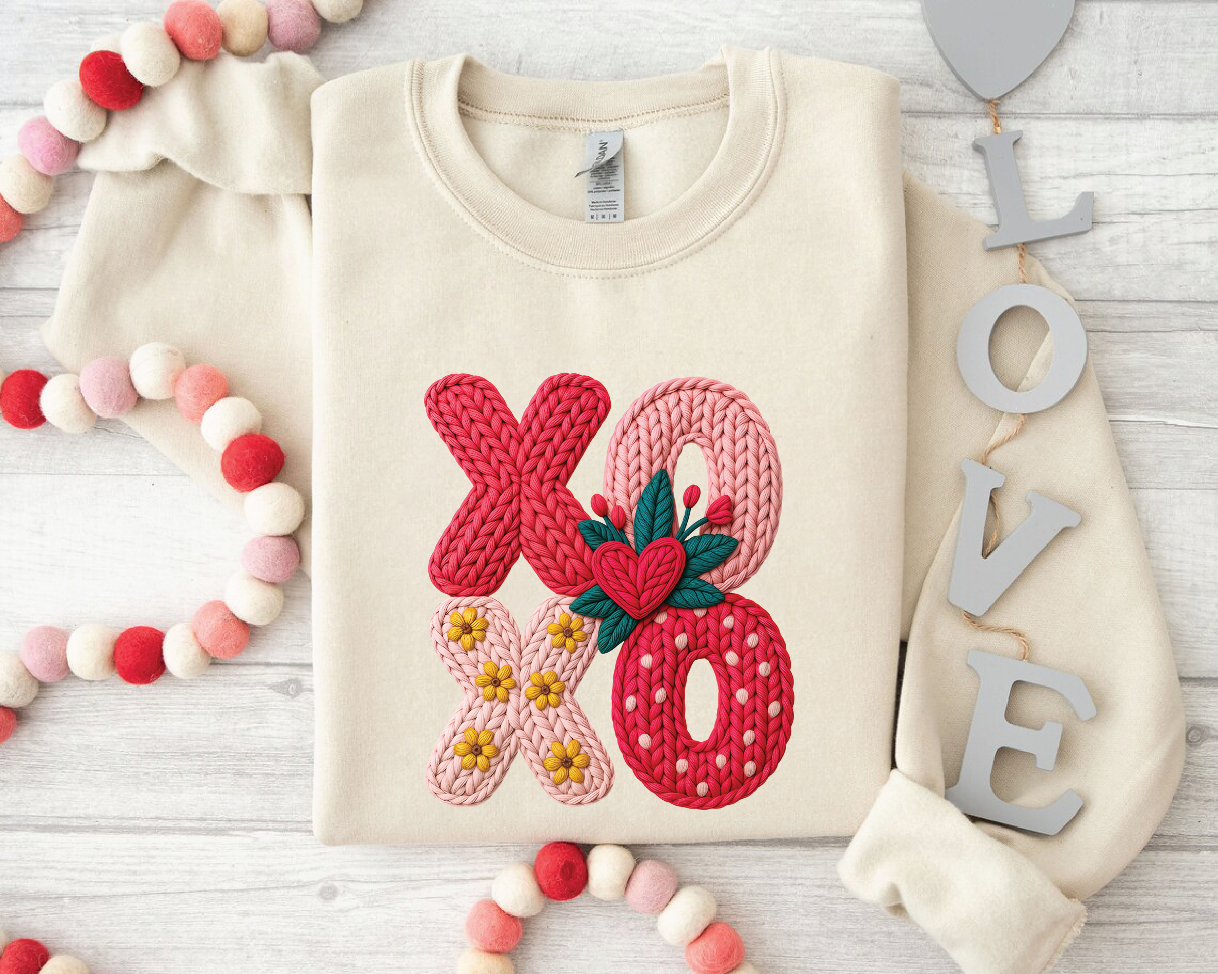Floral XOXO Sweatshirt - Faux Embroidery Knit Look Valentine's Crewneck - vl21
