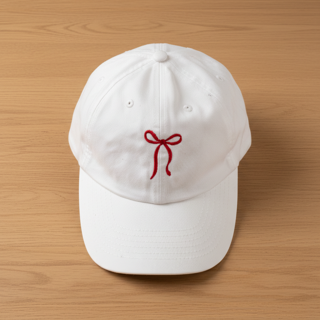 Red Bow Embroidered White Baseball Cap - Coquette Aesthetic Dad Hat