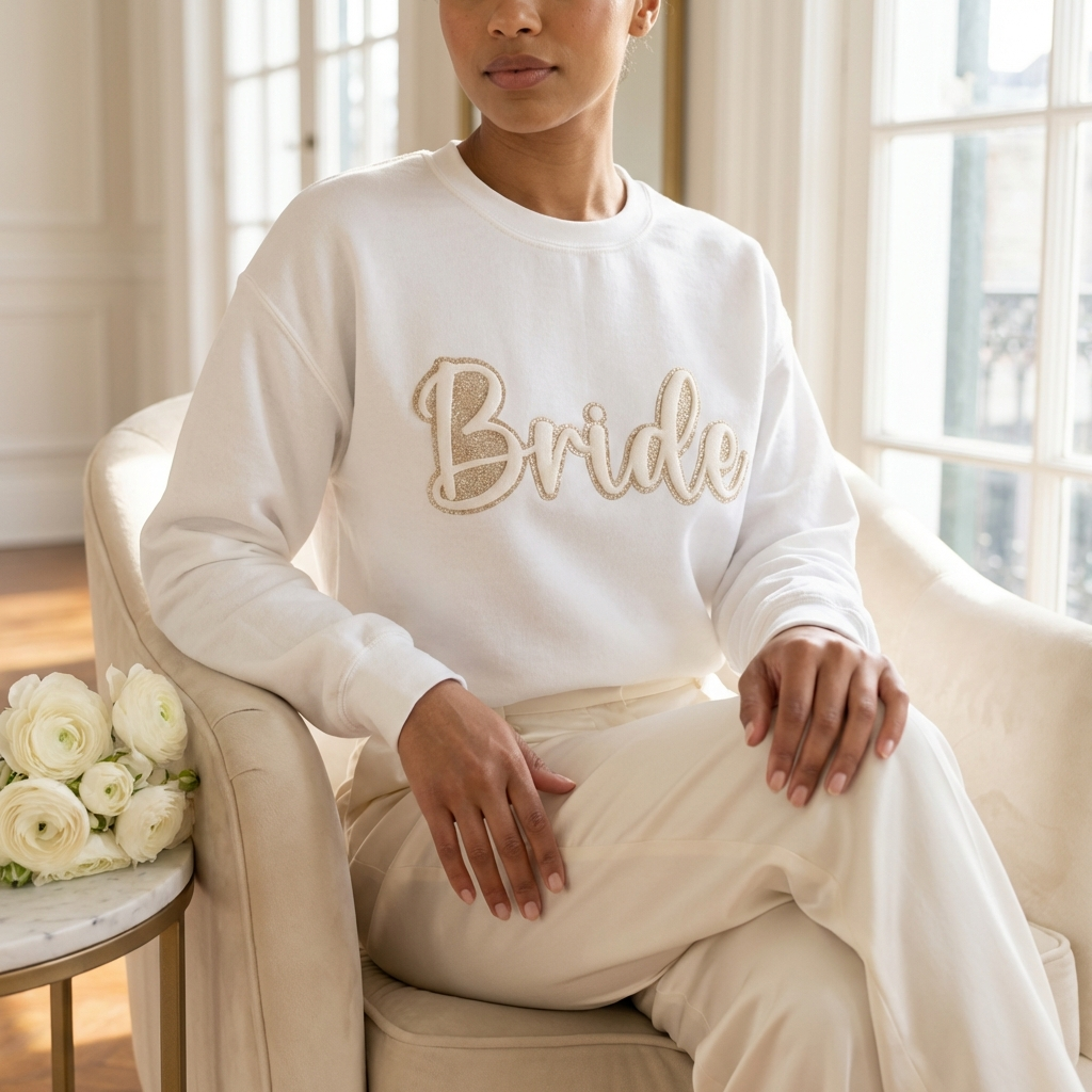 Bride Puff Print & Champagne Glitter Sweatshirt - 3D Raised Lettering Wedding Crewneck