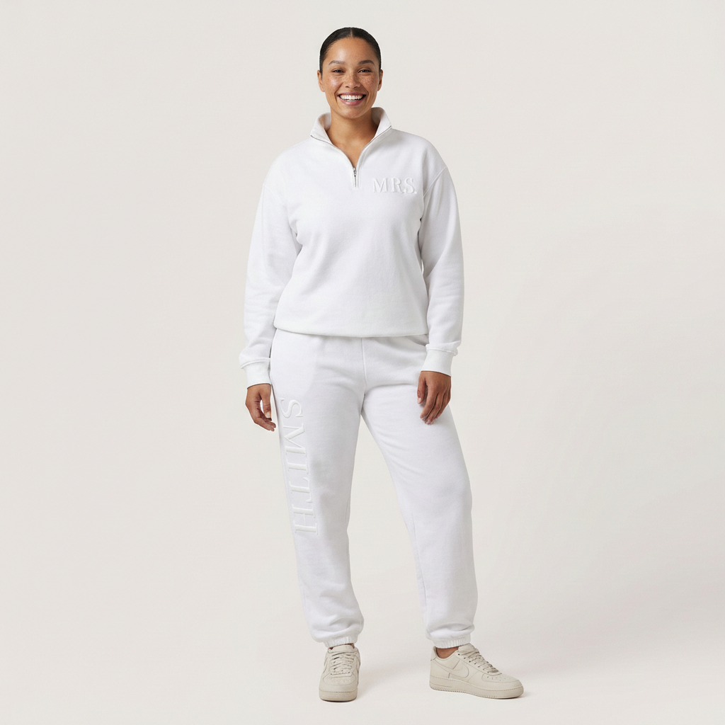 Personalized Puff Print Mrs. Half-Zip Lounge Set - Custom Bride Pullover & Sweatpants