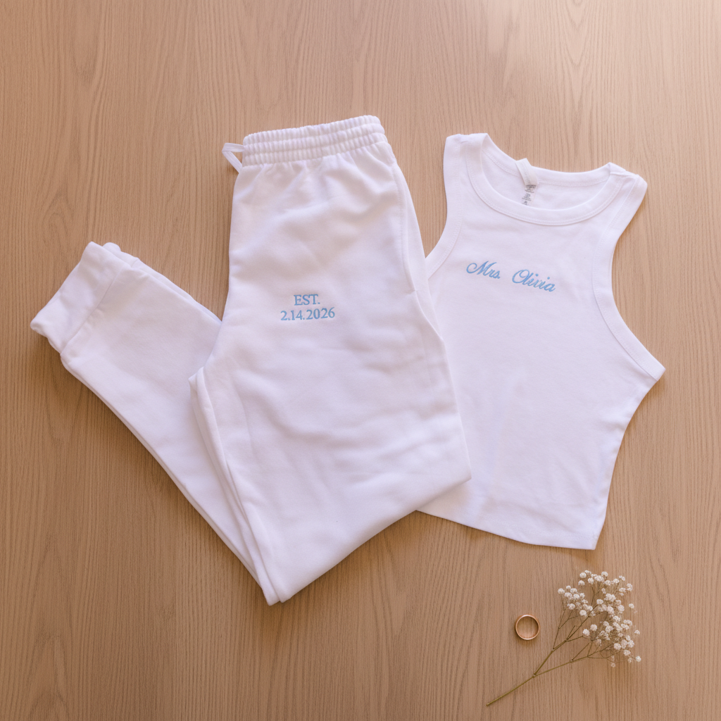Personalized Mrs. Embroidered Lounge Set - Custom Bride Tank & Joggers