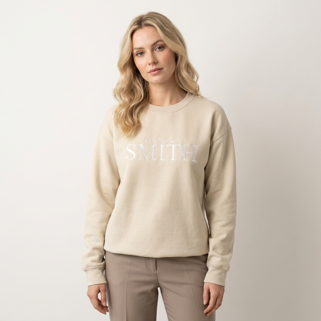 Custom Embroidered Mrs. Sweatshirt - Script & Serif Last Name Crewneck