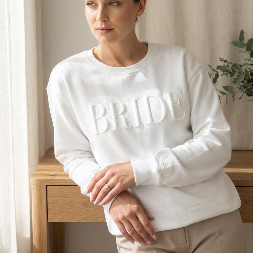 Custom Puff Print Bride & Groom Sweatshirt with Sleeve Initials - 3D Raised Text