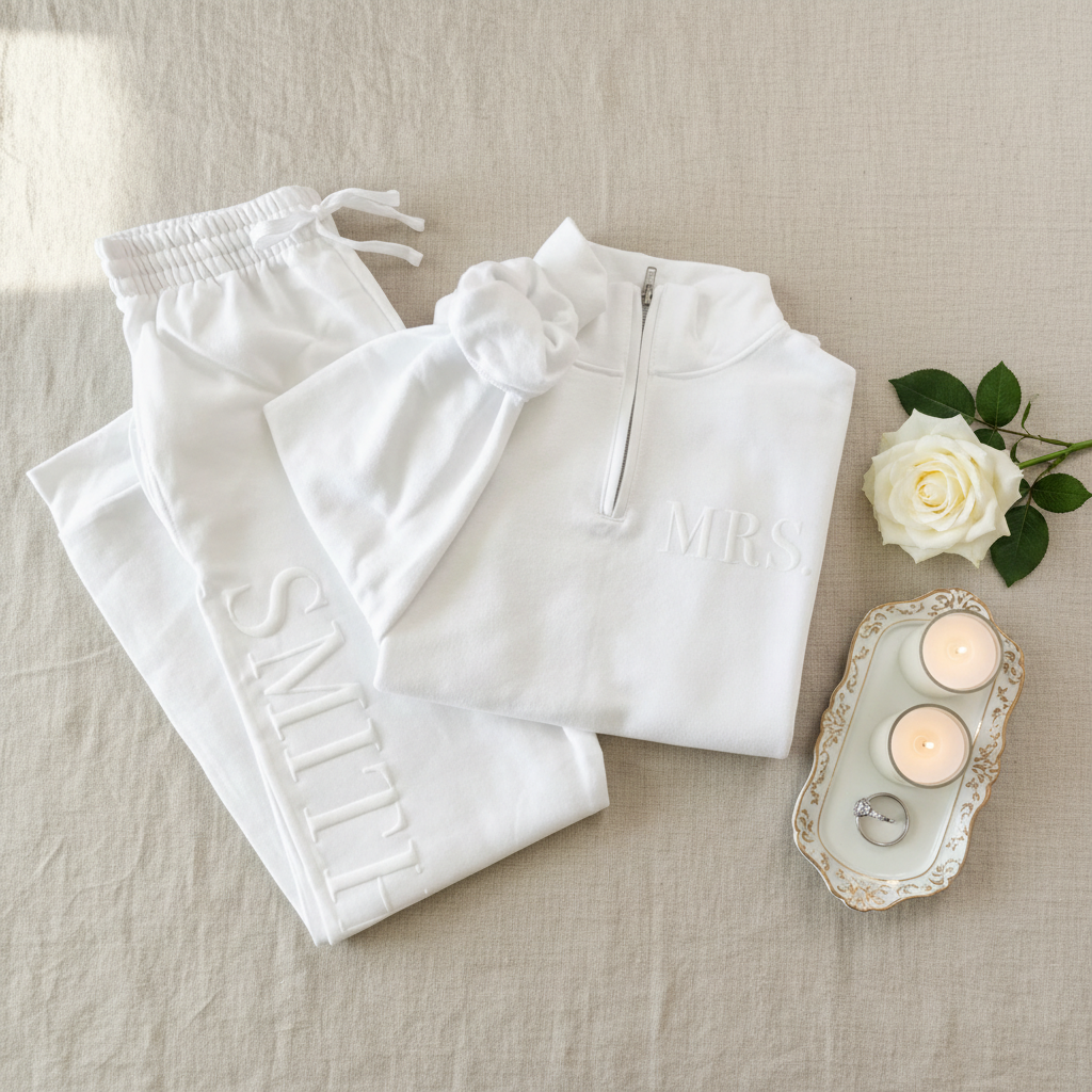 Personalized Puff Print Mrs. Half-Zip Lounge Set - Custom Bride Pullover & Sweatpants
