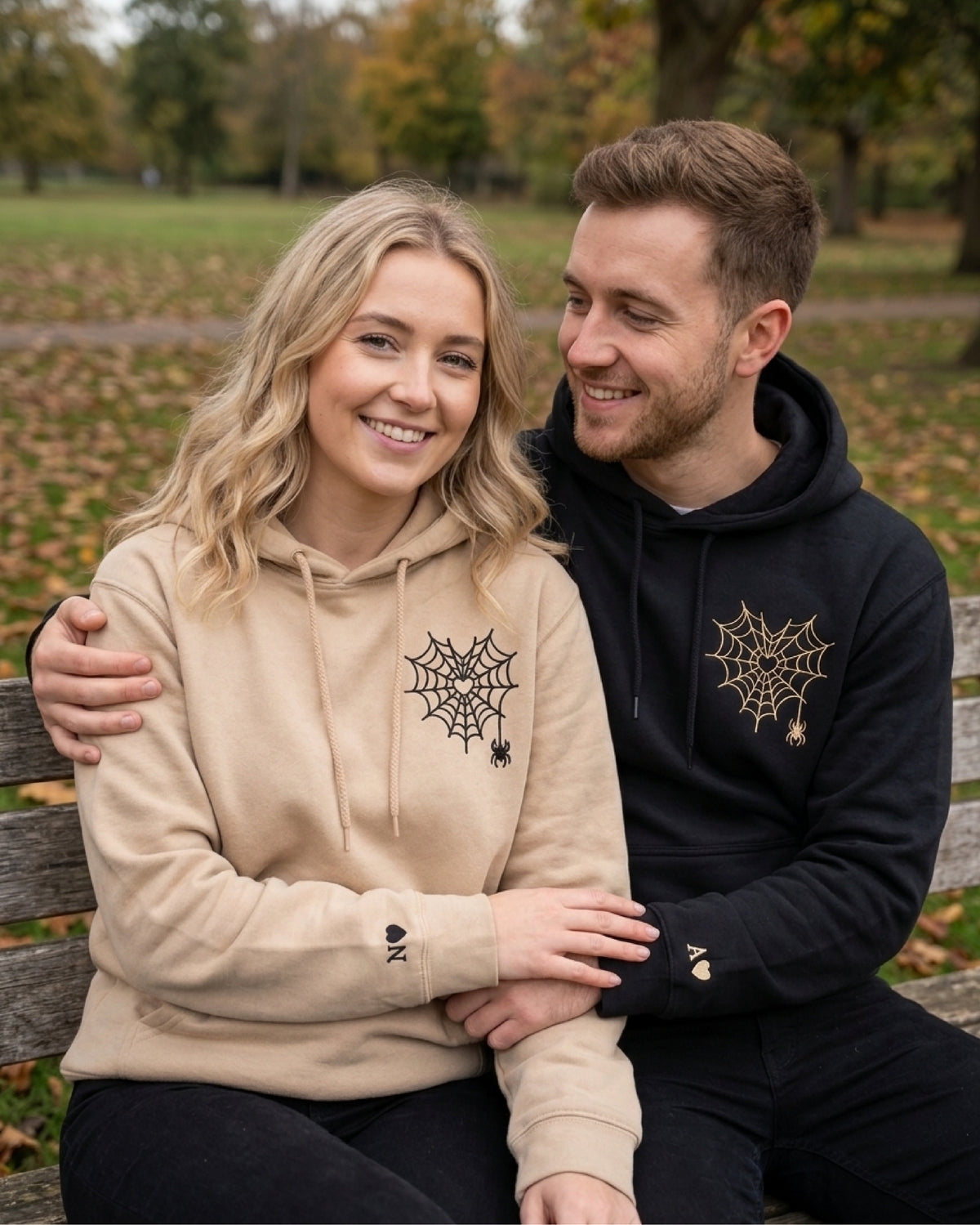 Personalized Couples Hoodie – Spider Web Heart Embroidered Matching Sweatshirt with Custom Initial