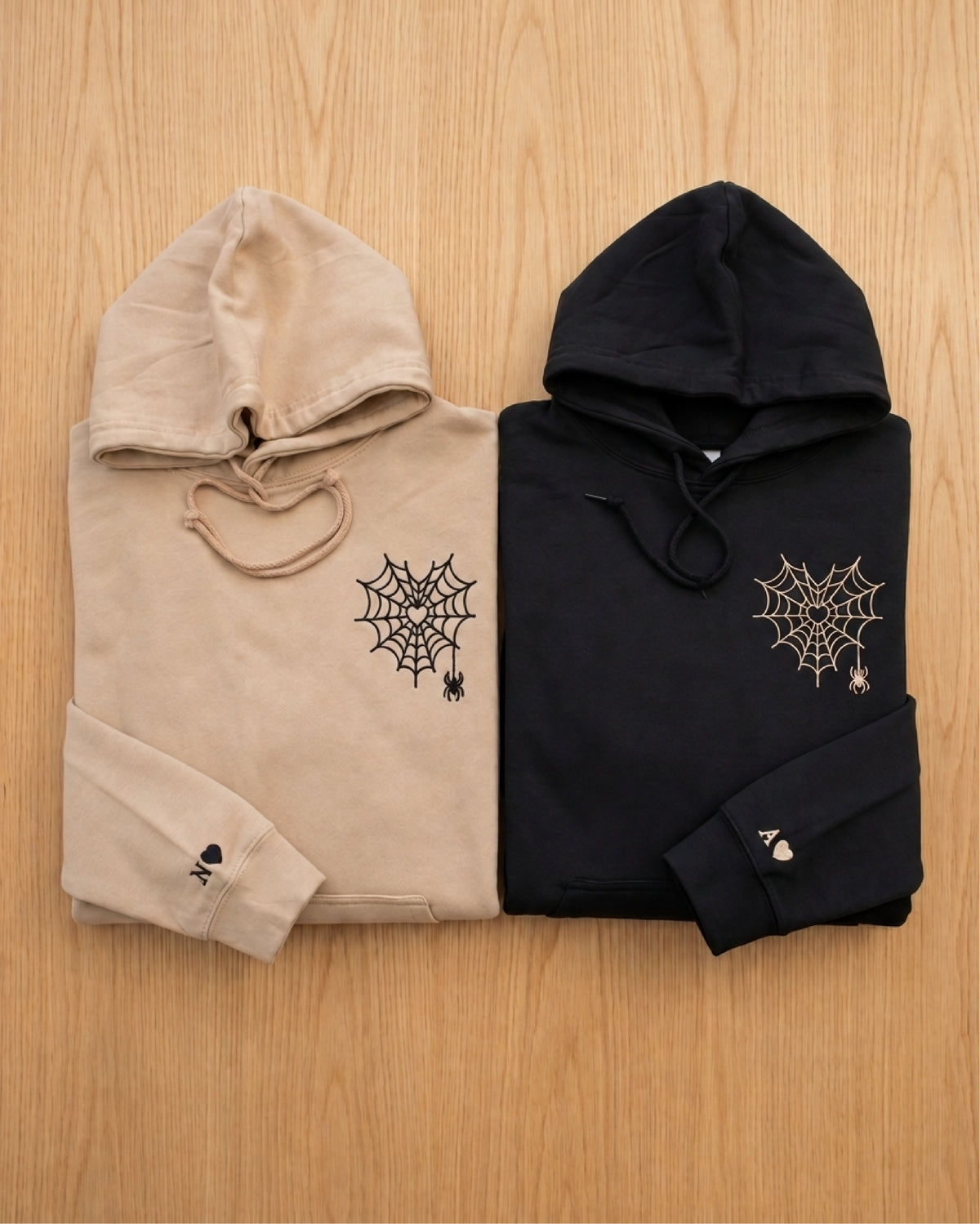 Personalized Couples Hoodie – Spider Web Heart Embroidered Matching Sweatshirt with Custom Initial